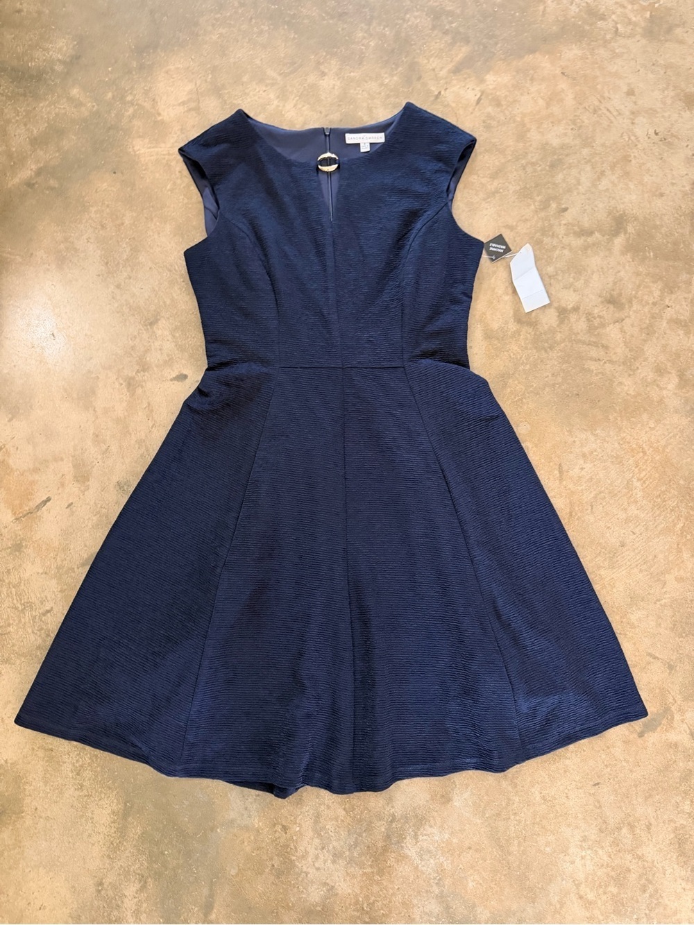 Sandra Darren Navy Fit & Flare Midi Dress Textured NWT Size 8 Elegant Dress